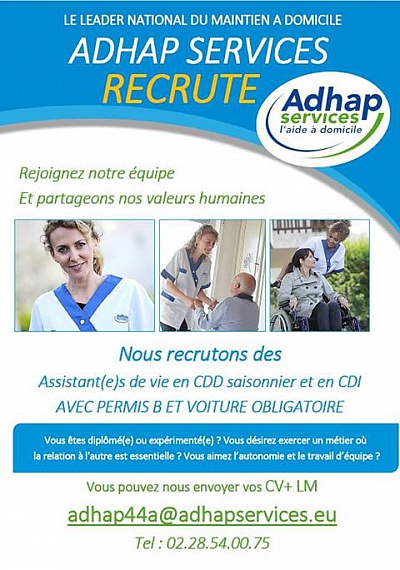 Pornic - 21/04/2017 - L` ADHAP recrute  Pornic et sur le Pays de Retz